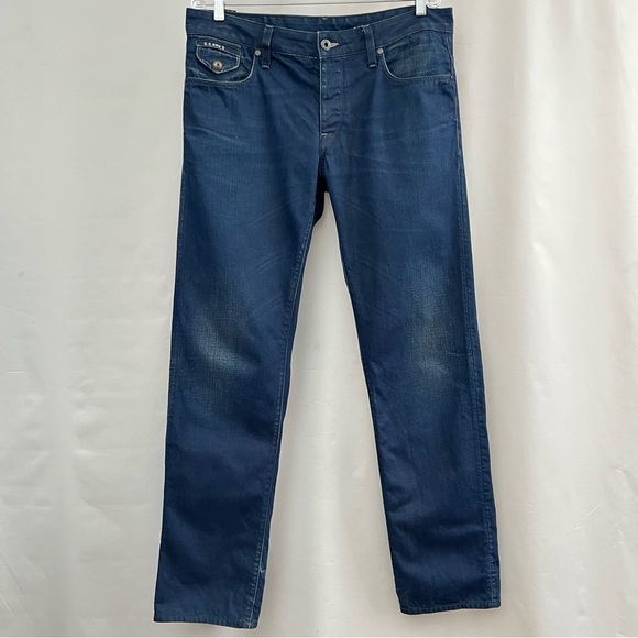 G Star Raw Jeans Men SZ 34 Blue Denim MORRIS Straight Low Wax Coated Button Fly - Picture 1 of 11
